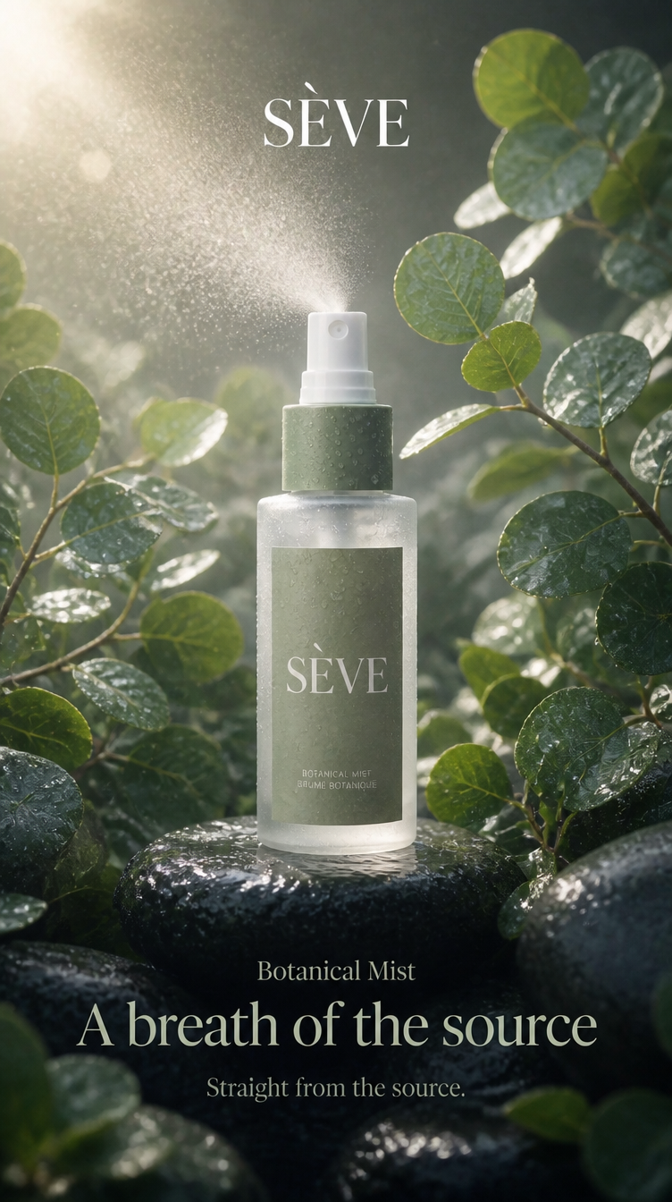 SÈVE Botanical Mist skincare ad — spray bottle mid-mist