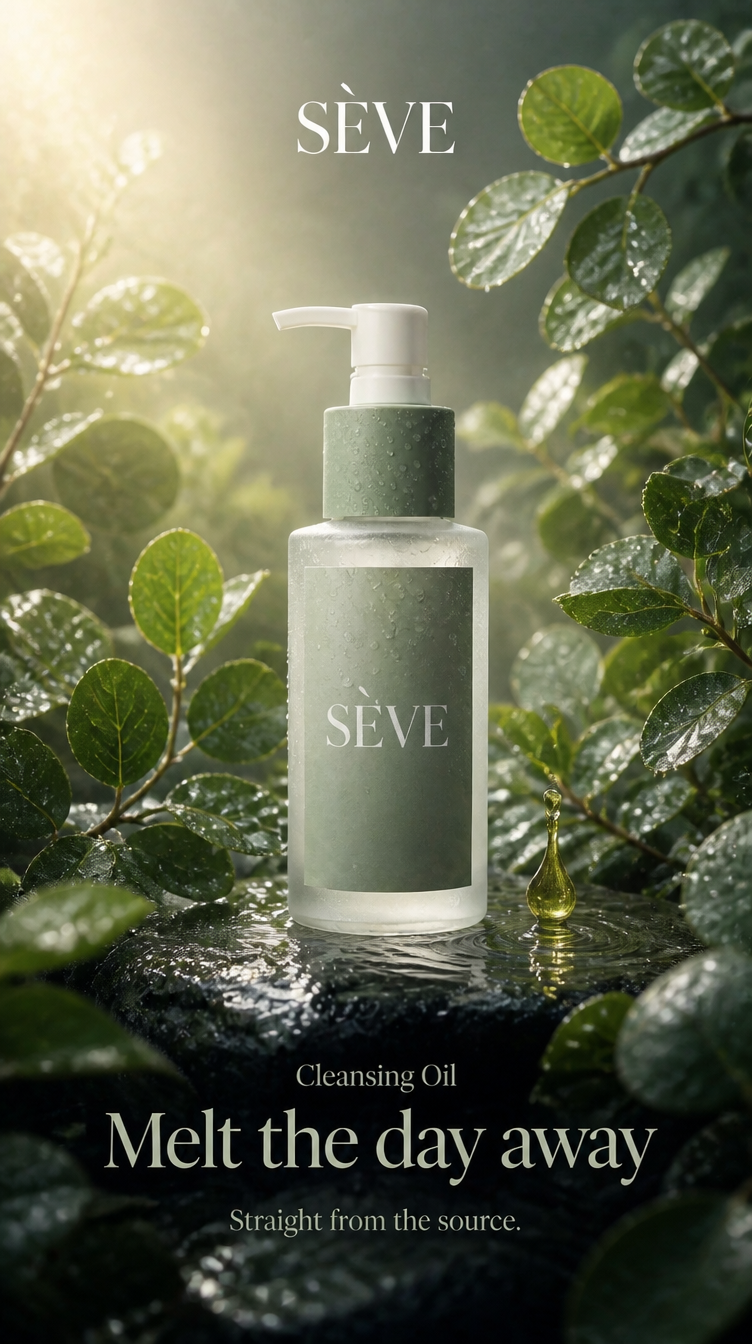 SÈVE Cleansing Oil skincare ad — pump bottle with oil droplet