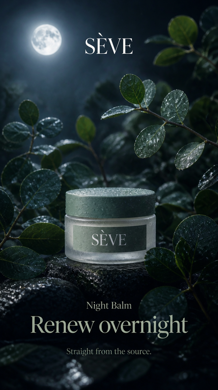SÈVE Night Balm skincare ad — moonlit frosted pot