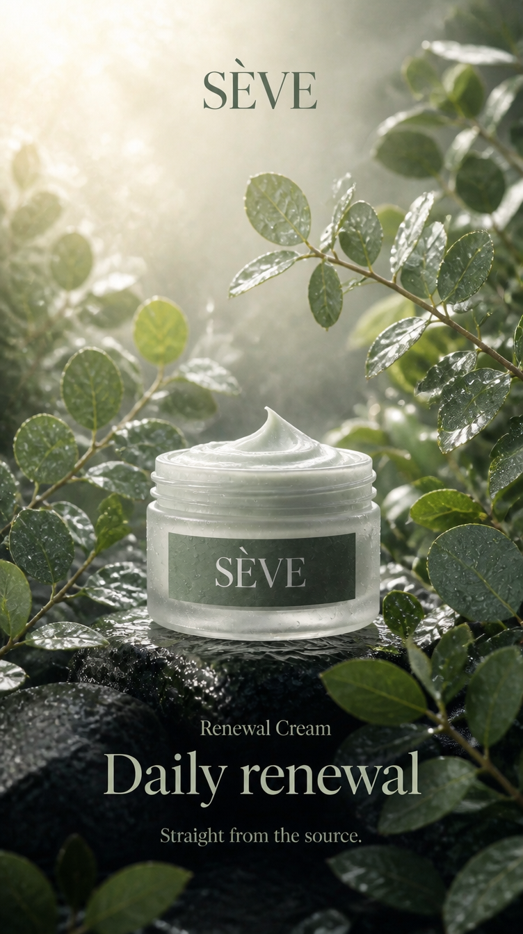 SÈVE Renewal Cream skincare ad — frosted jar on wet stone