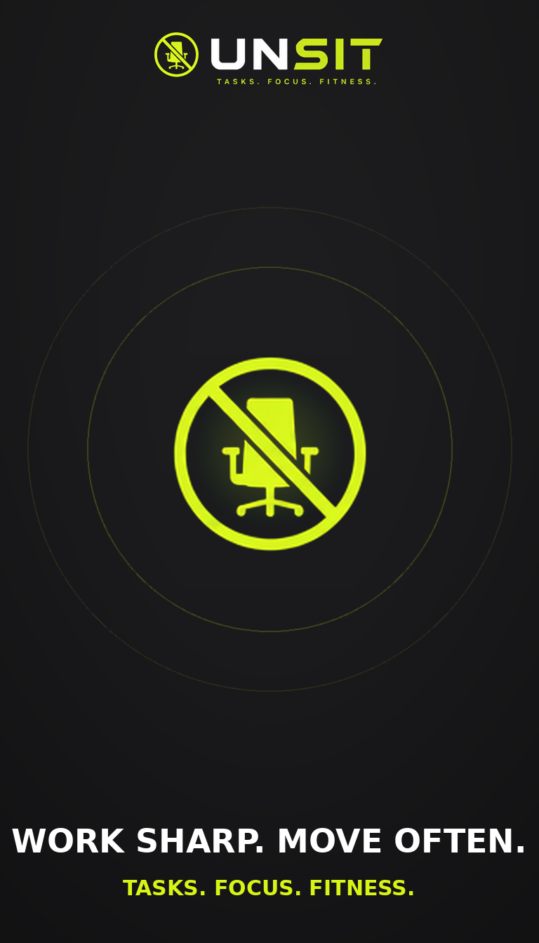 UNSIT brand poster — crossed-out chair icon, Work sharp. Move often.