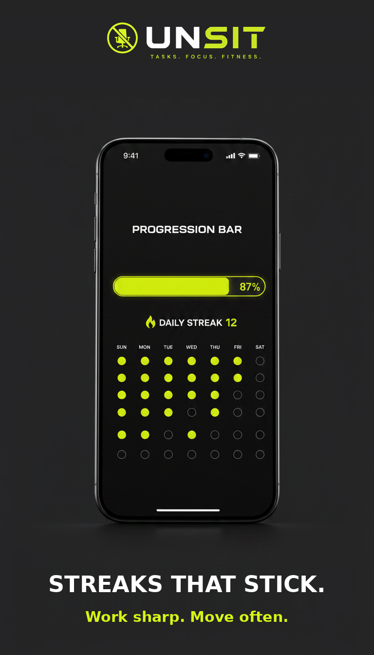 UNSIT app store ad — progression bar and daily streak screen