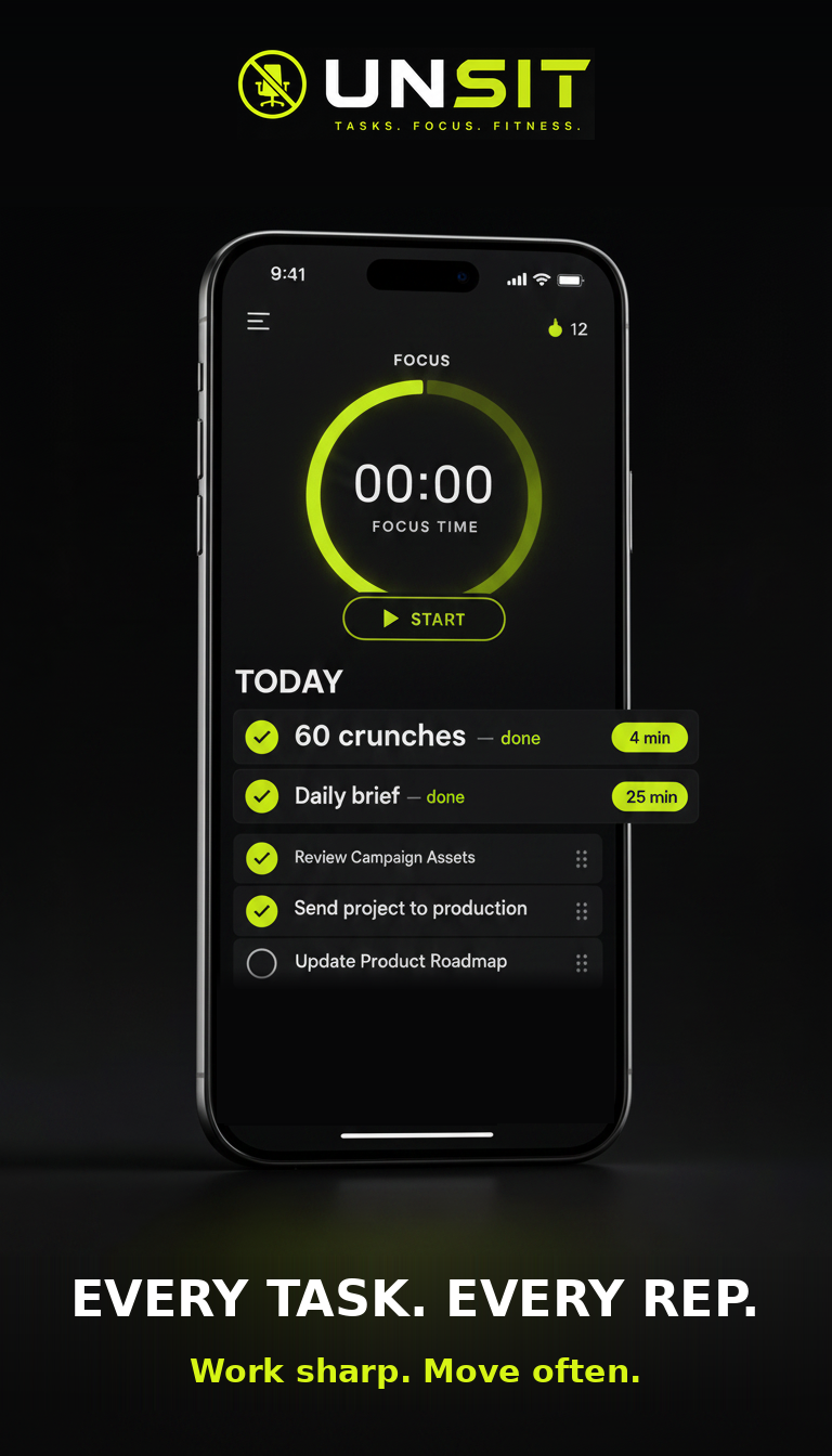 UNSIT app store ad — phone showing task list with time tracking